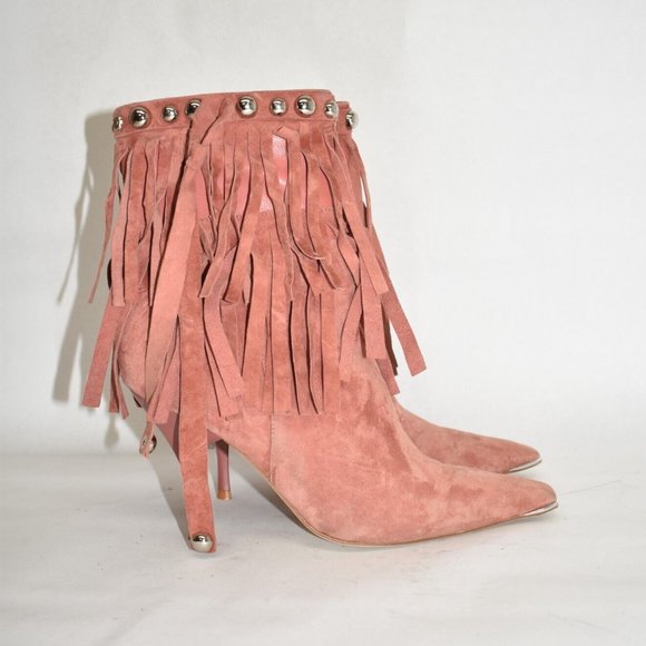 $250 Jeffrey Campbell Trotting Ankle Boot FRINGE SILVER STUD SUEDE ROSE 8 (ME34) - Picture 2 of 7